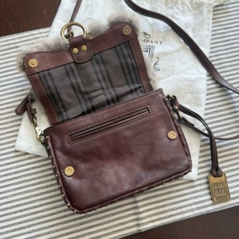 Frye Roxanne Rabbit Fur Genuine Leather Stud Studded Crossbody Bag Purse Brown • - Picture 7 of 12